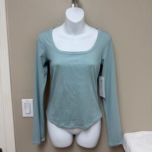 NEW! Athleta Signature Rib Square Neck Top Long Sleeve Blue Green Small - $65